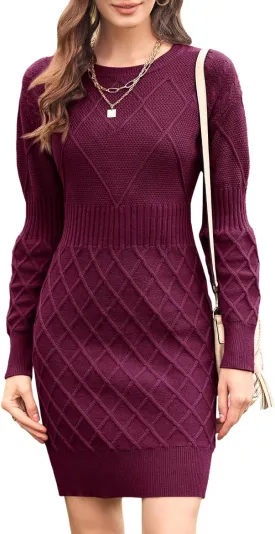 Dyexces Womens Sweater Dress Long Sleeve Crewneck Diamond Knit Sweater Dresses Sexy Slim Fit Pullover Dress