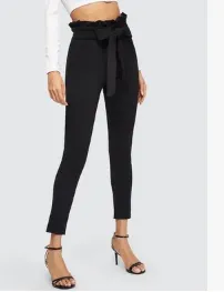 Elegant Frill Trim Bow Belted Solid High Waist Pants