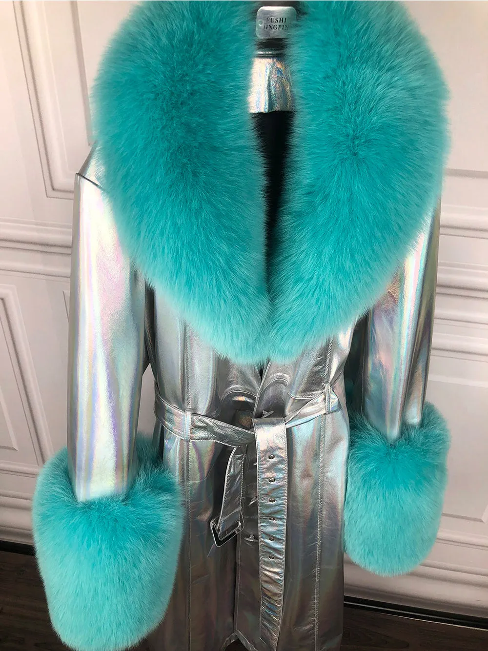 Faux Fur Genuine Leather Coat in Silver / Turquoise