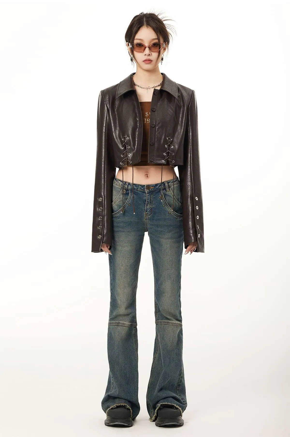 Faux Leather Cropped Jacket with Drawstrings