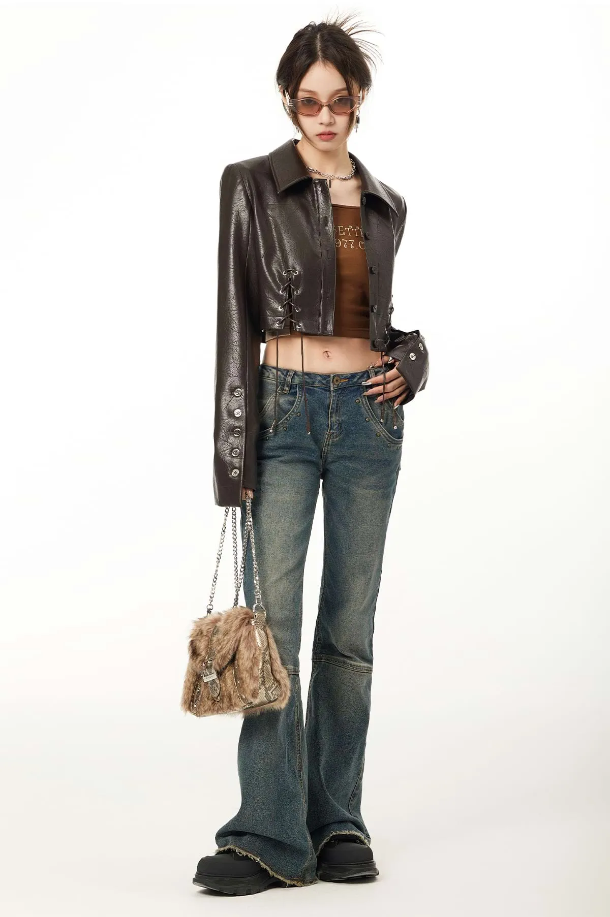 Faux Leather Cropped Jacket with Drawstrings