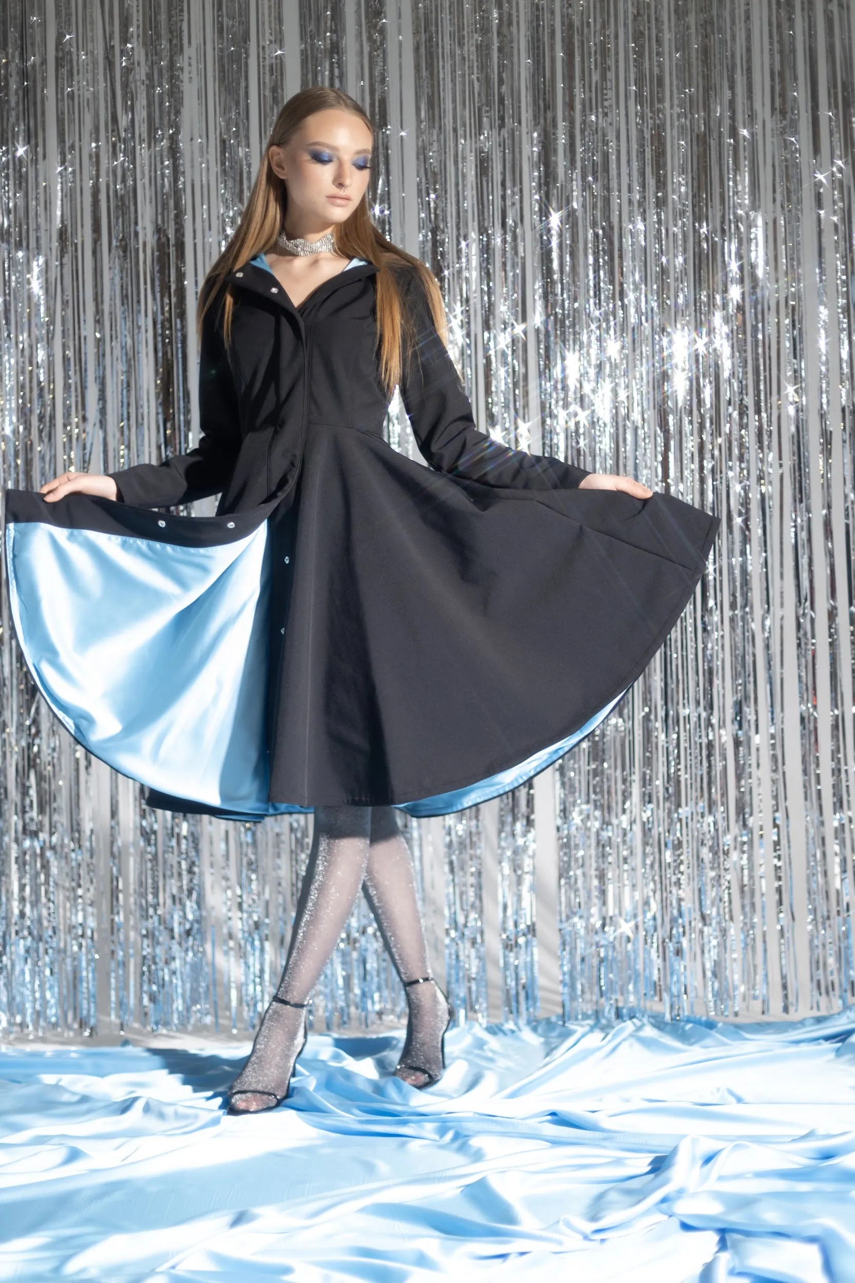 Fitted Black Coat with Flared Circle Skirt and Sapphire Blue Lining  | 'Black Sapphire'