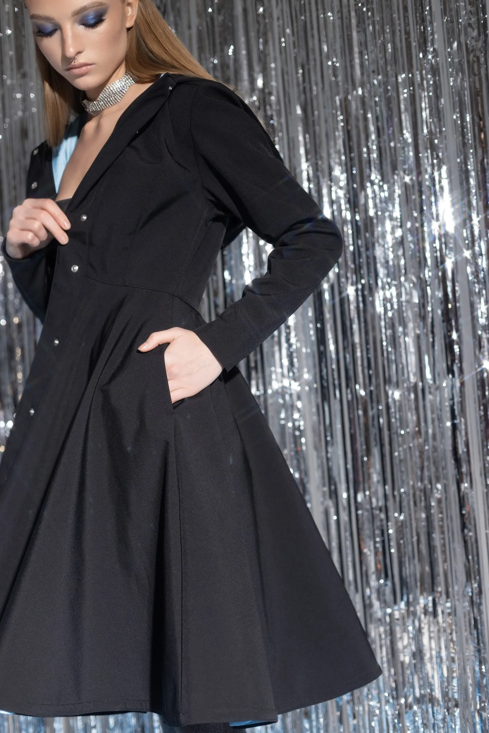 Fitted Black Coat with Flared Circle Skirt and Sapphire Blue Lining  | 'Black Sapphire'