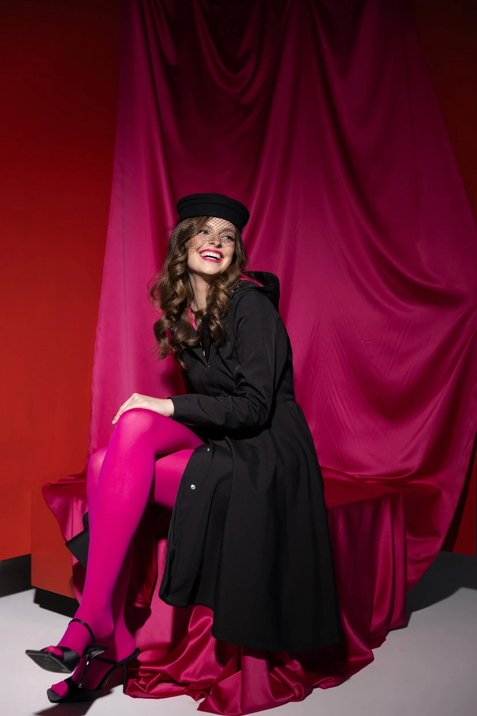 Fitted Coat with Full Circle Skirt in Black with Fuchsia Pink Lining | 'Pink Ruby'