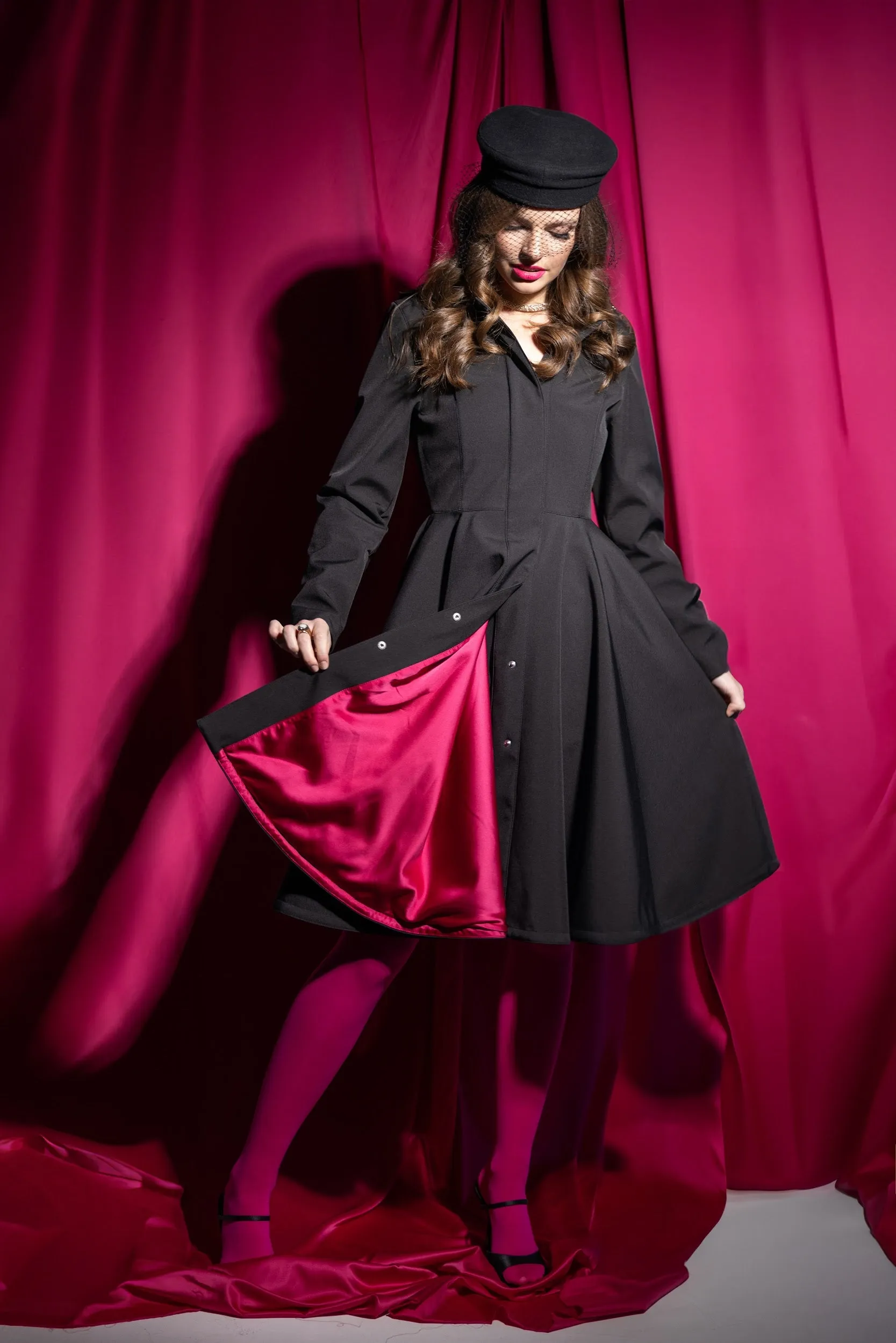 Fitted Coat with Full Circle Skirt in Black with Fuchsia Pink Lining | 'Pink Ruby'