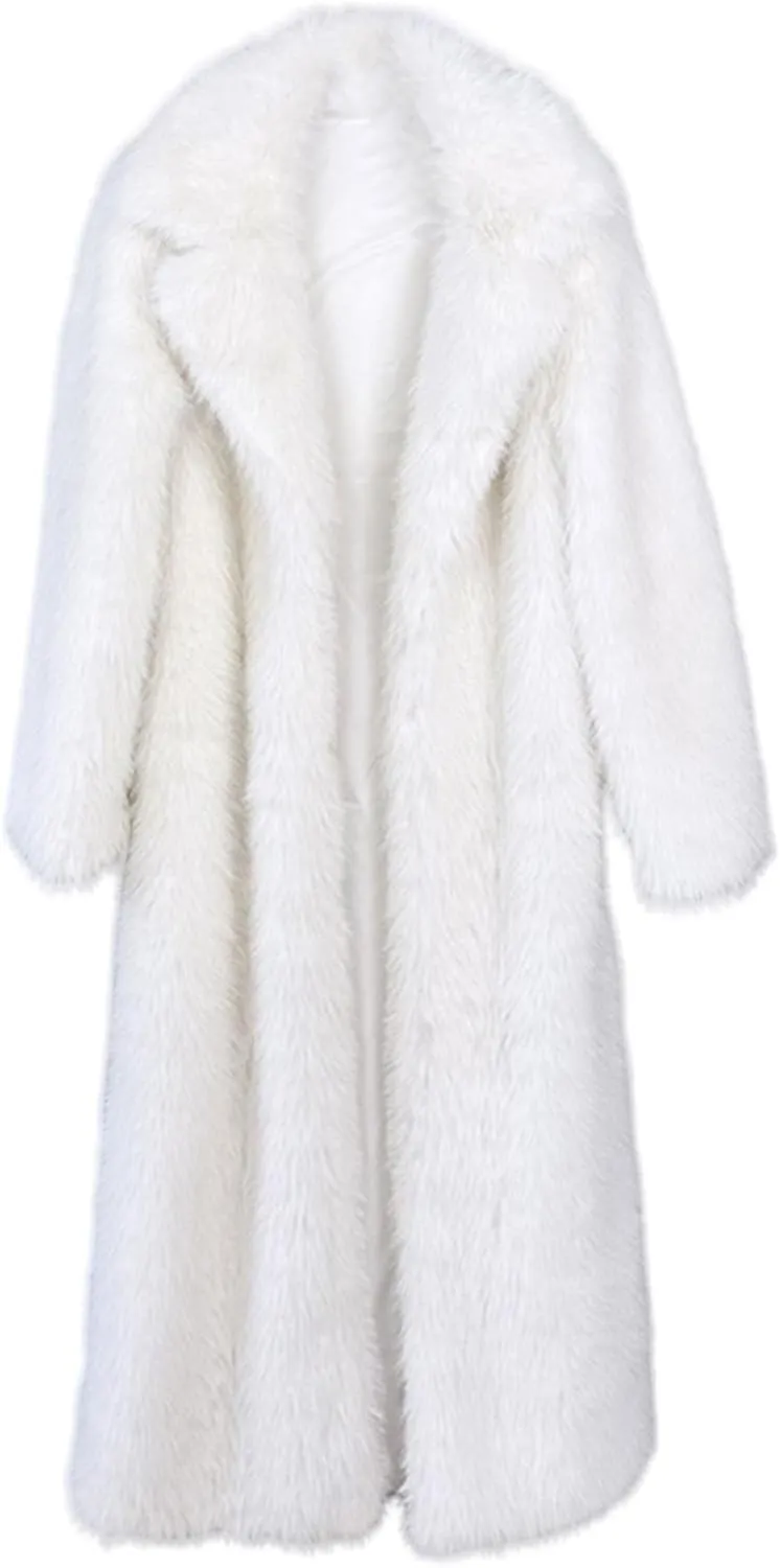 Fluffy Faux Fur Long Overcoat,Warm Outwear Parka Long Coat with Sleeves