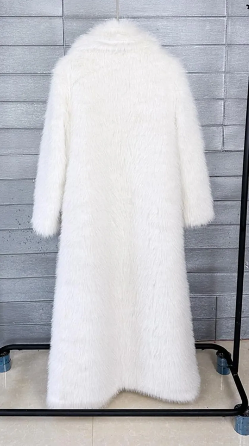 Fluffy Faux Fur Long Overcoat,Warm Outwear Parka Long Coat with Sleeves
