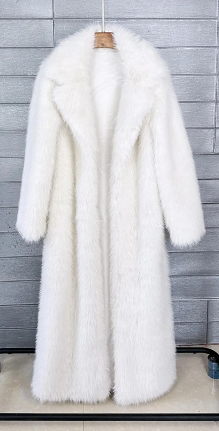 Fluffy Faux Fur Long Overcoat,Warm Outwear Parka Long Coat with Sleeves