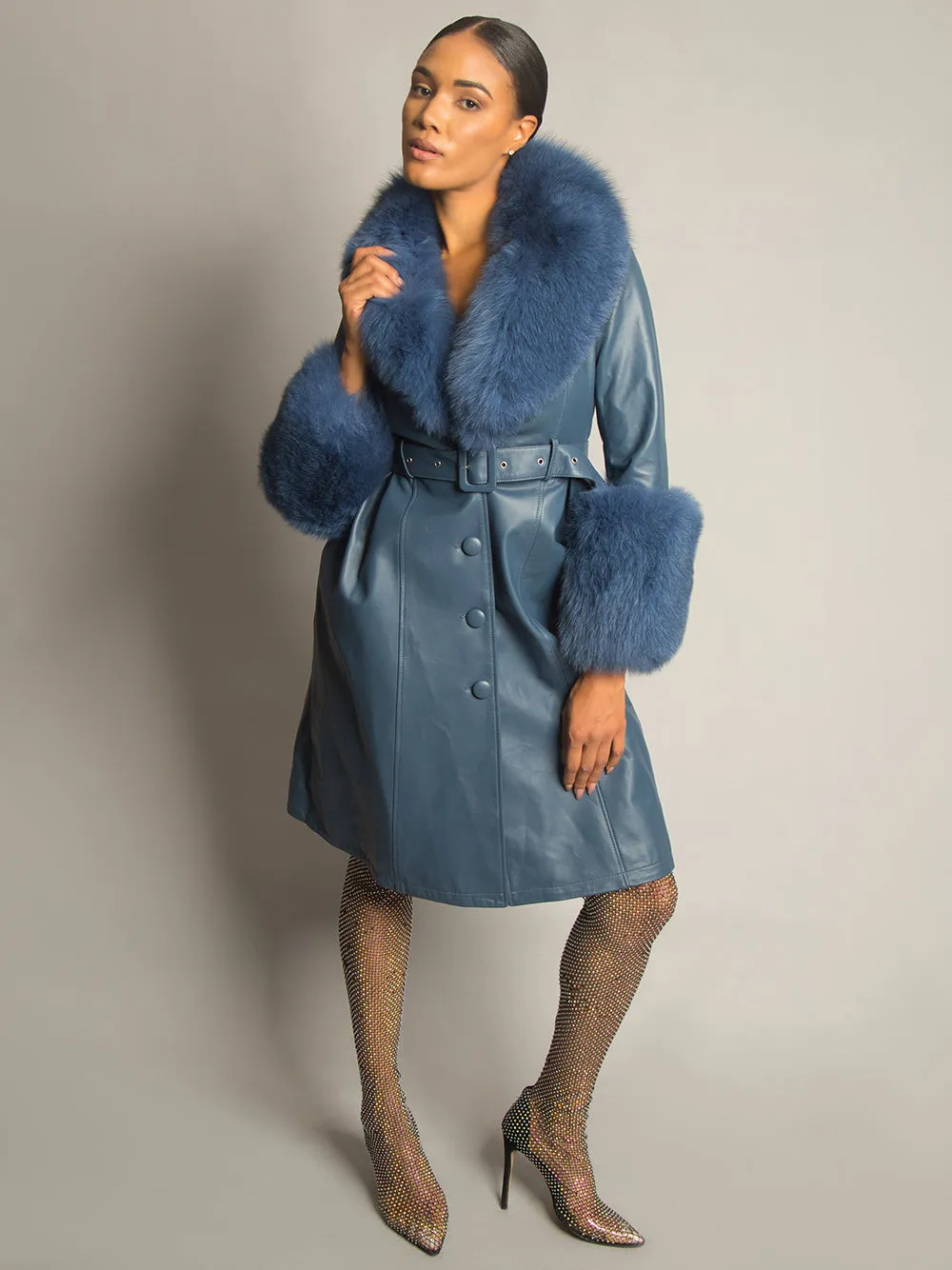 Foxy Leather Coat w/ Fox Fur In Yale Blue