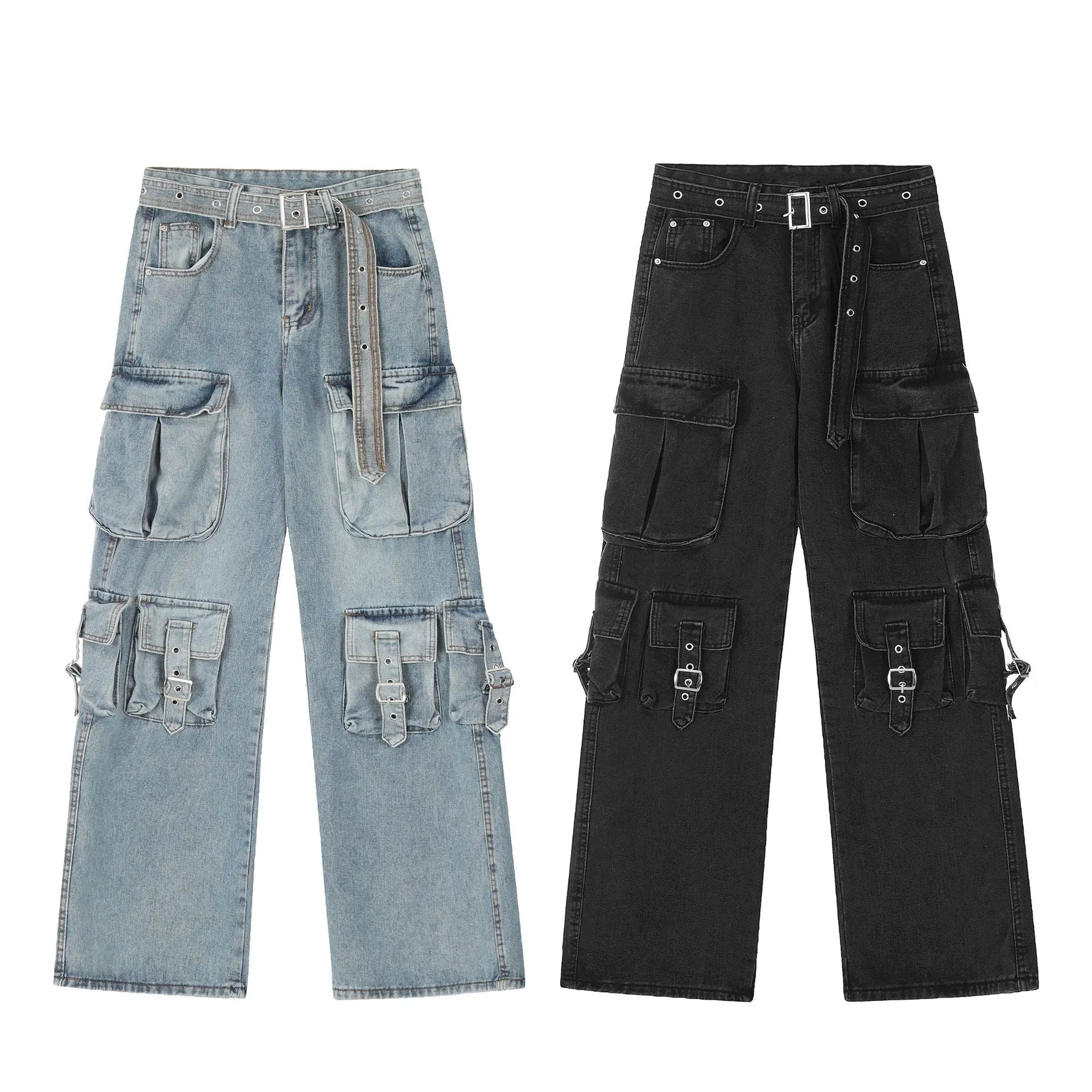 Girlary grunge outfits Vintage Multi-Pocket Design Workwear Jeans Straight Loose Wide-Leg Mop Pants