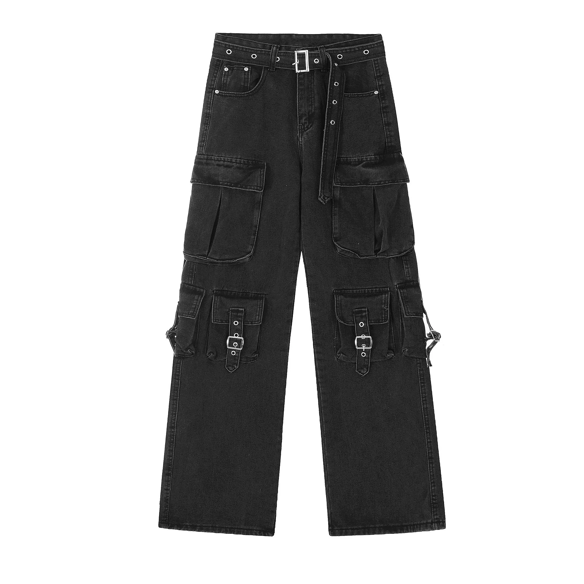 Girlary grunge outfits Vintage Multi-Pocket Design Workwear Jeans Straight Loose Wide-Leg Mop Pants
