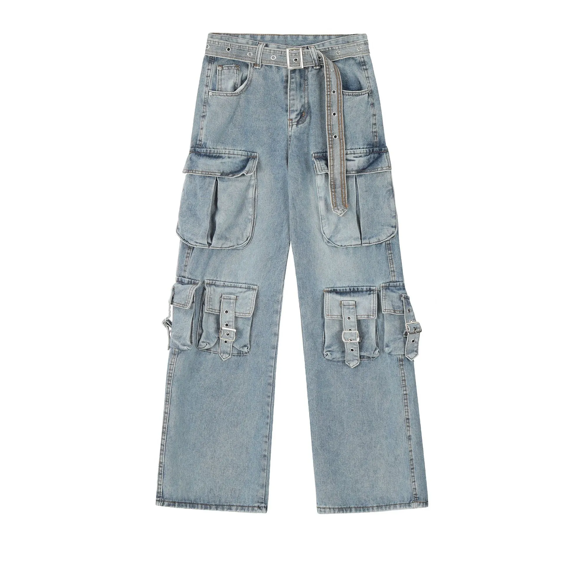 Girlary grunge outfits Vintage Multi-Pocket Design Workwear Jeans Straight Loose Wide-Leg Mop Pants