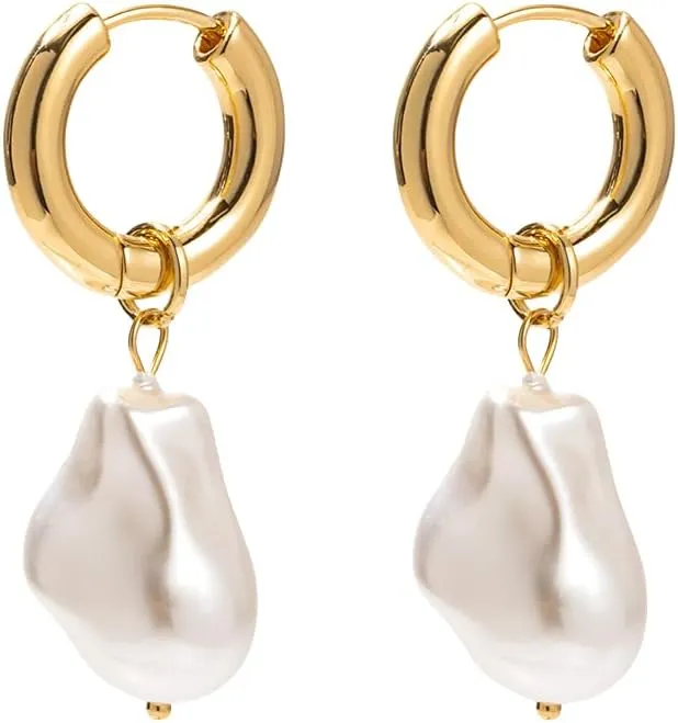 Gold Huggie Hoop Earrings with Charms Baroque Pearl Drop Dangle Earrings for Women, 2-in-1 Chunky 14K Dainty Earrings Gifts (Style 3)