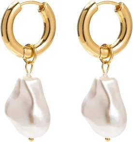 Gold Huggie Hoop Earrings with Charms Baroque Pearl Drop Dangle Earrings for Women, 2-in-1 Chunky 14K Dainty Earrings Gifts (Style 3)