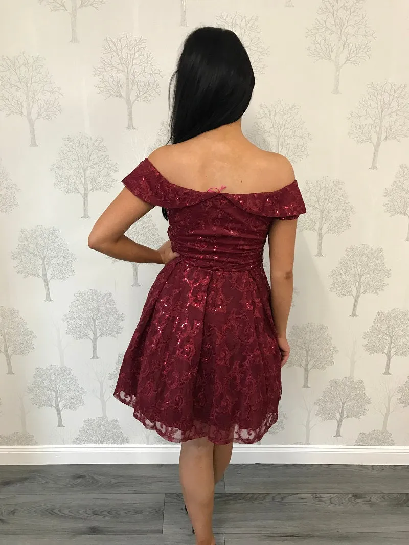 Gracie Wine Bardot Sequin Skater Dress