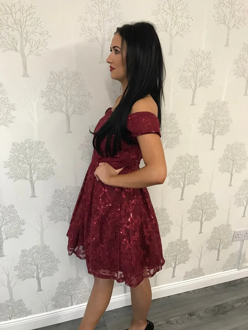 Gracie Wine Bardot Sequin Skater Dress