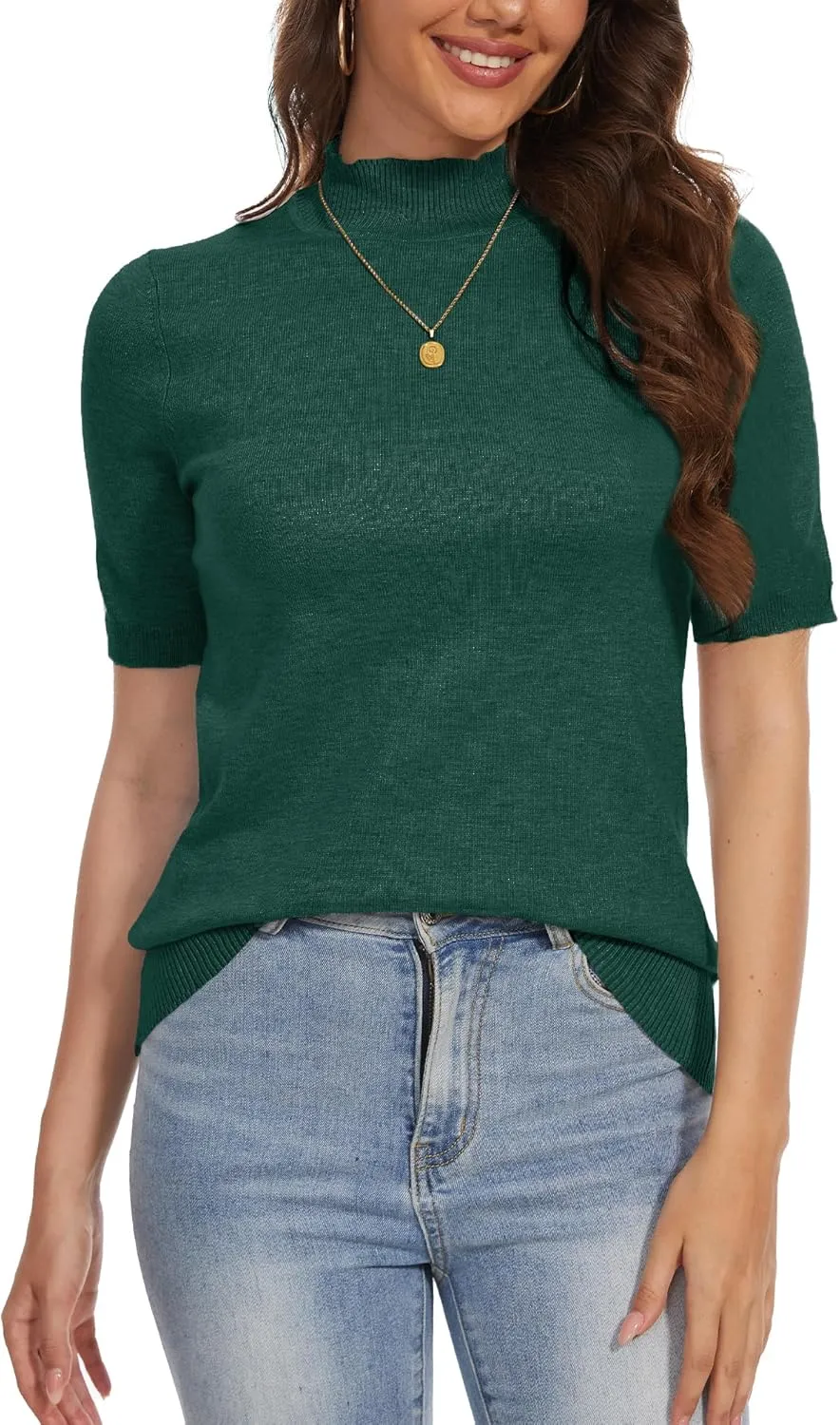 INKOFF Women's Short Sleeve Mock Neck Sweater Top Turtleneck Dressy Pullover Knit Shirt