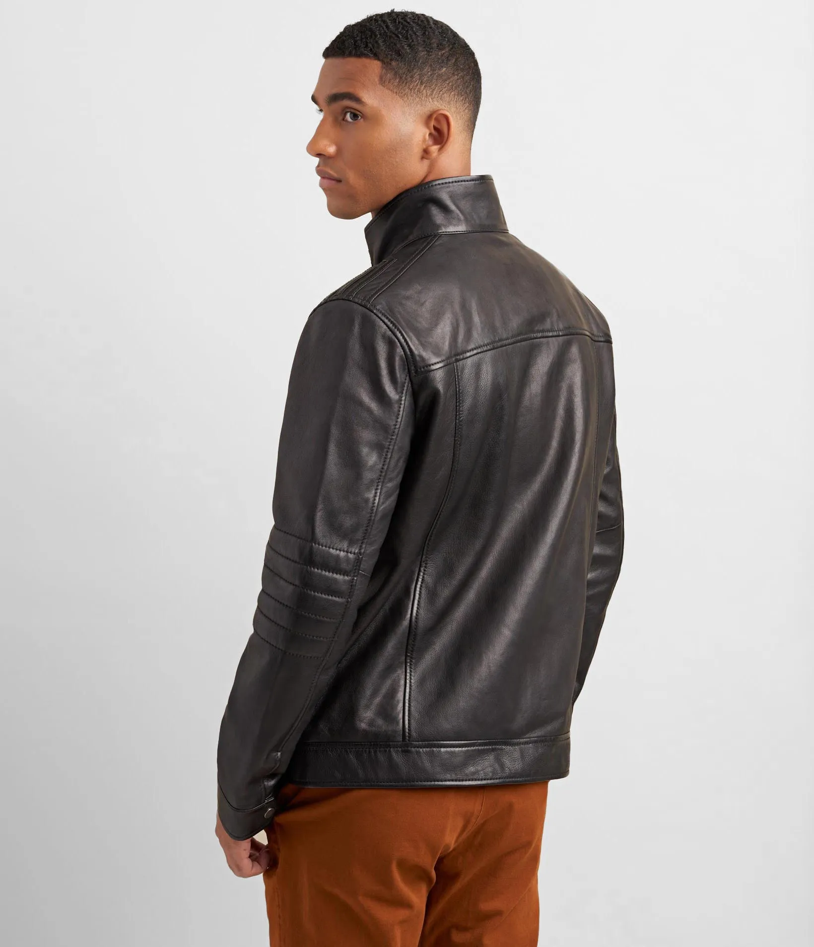 Leather Racer Jacket With Rib Knit Trim