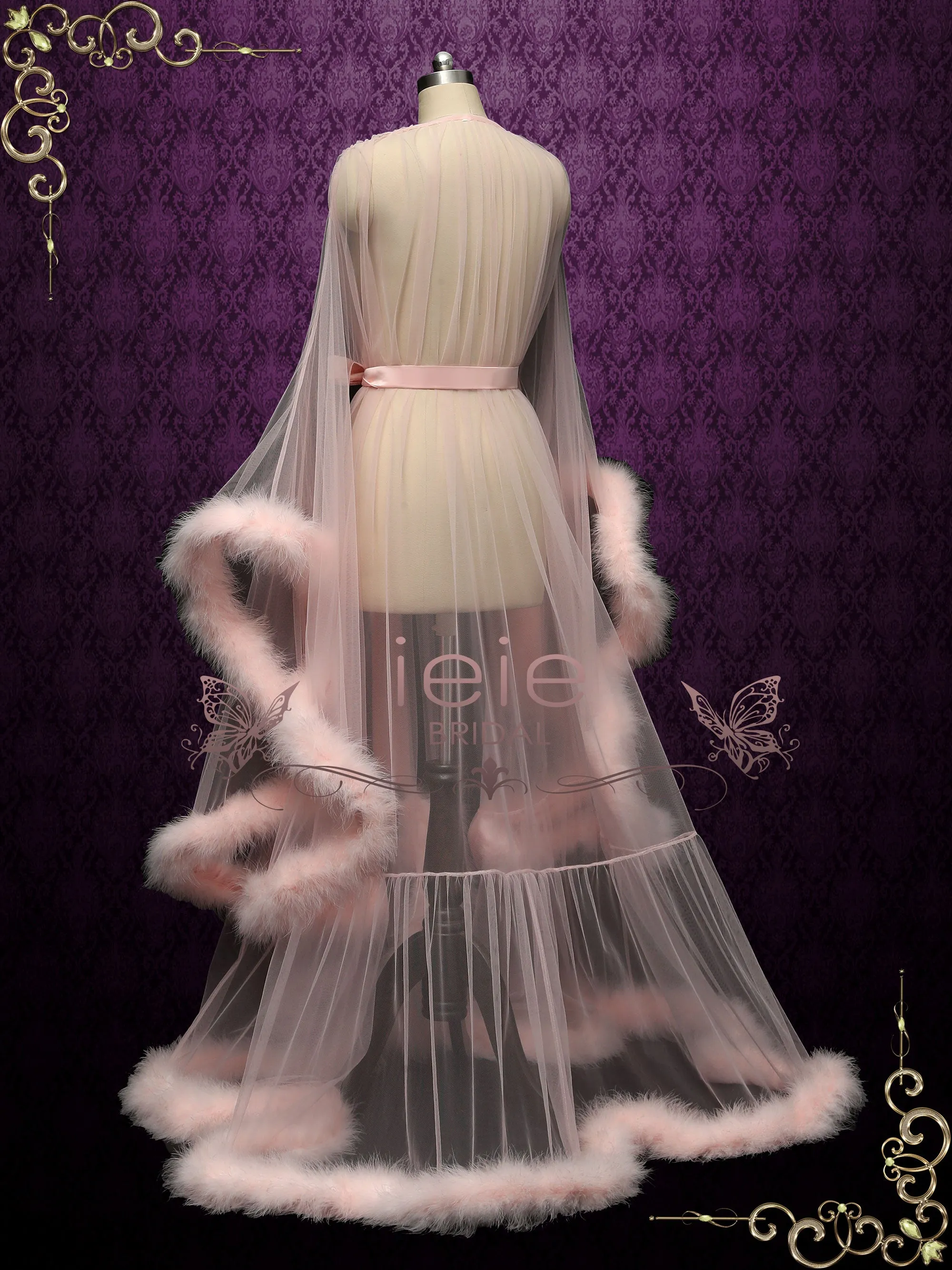Long Blush Honeymoon Wedding Marabou Fur Edge Boudoir Robe GiGi