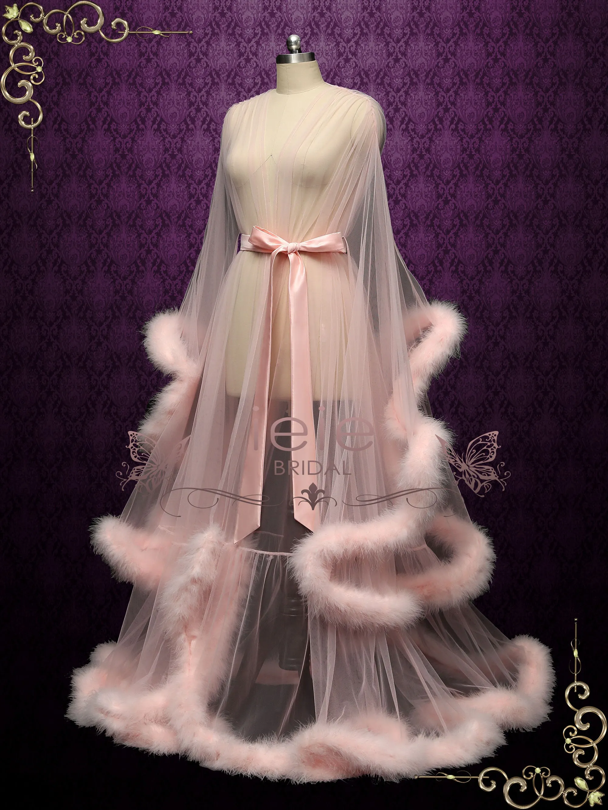 Long Blush Honeymoon Wedding Marabou Fur Edge Boudoir Robe GiGi