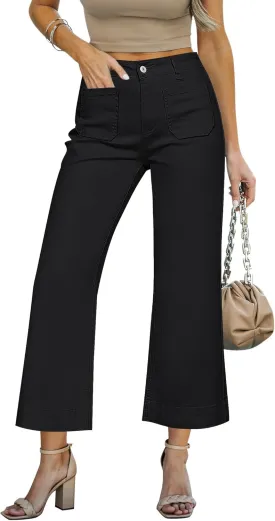 LookbookStore Wide Leg Cropped Jeans for Women High Waisted Stretchy Denim Jean Pants Baggy Flare Trouser Jeans Pockets
