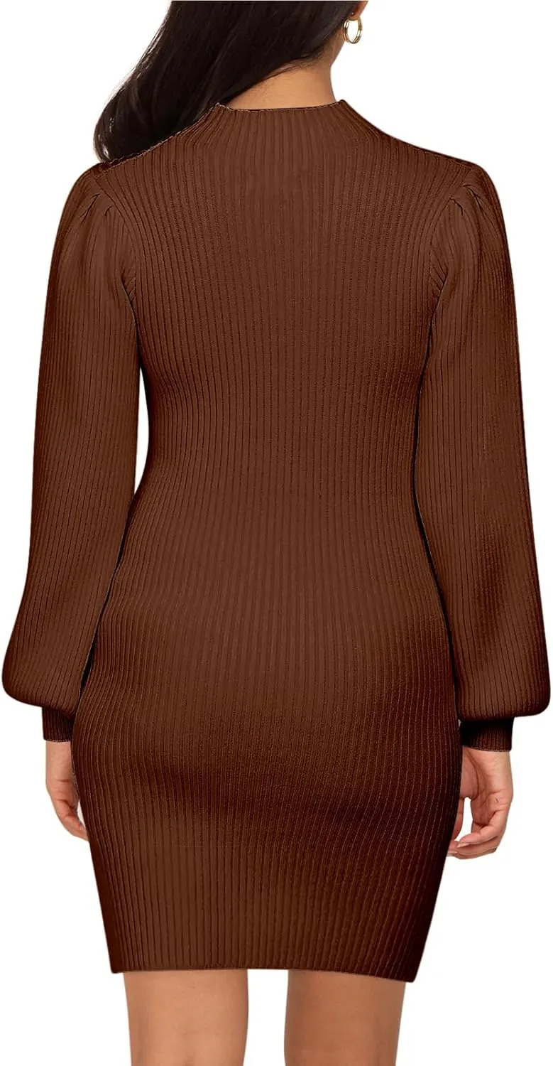 Lueluoye Maternity Sweater Dress for Pregnant Women Turtleneck Puff Sleeve Knit Slim Fit Bodycon Mini Dress