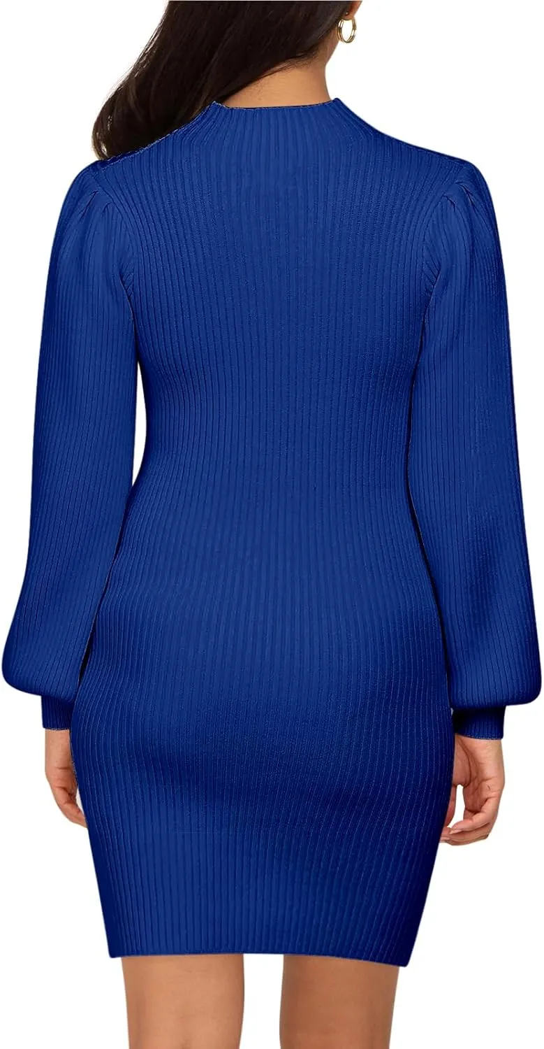 Lueluoye Maternity Sweater Dress for Pregnant Women Turtleneck Puff Sleeve Knit Slim Fit Bodycon Mini Dress