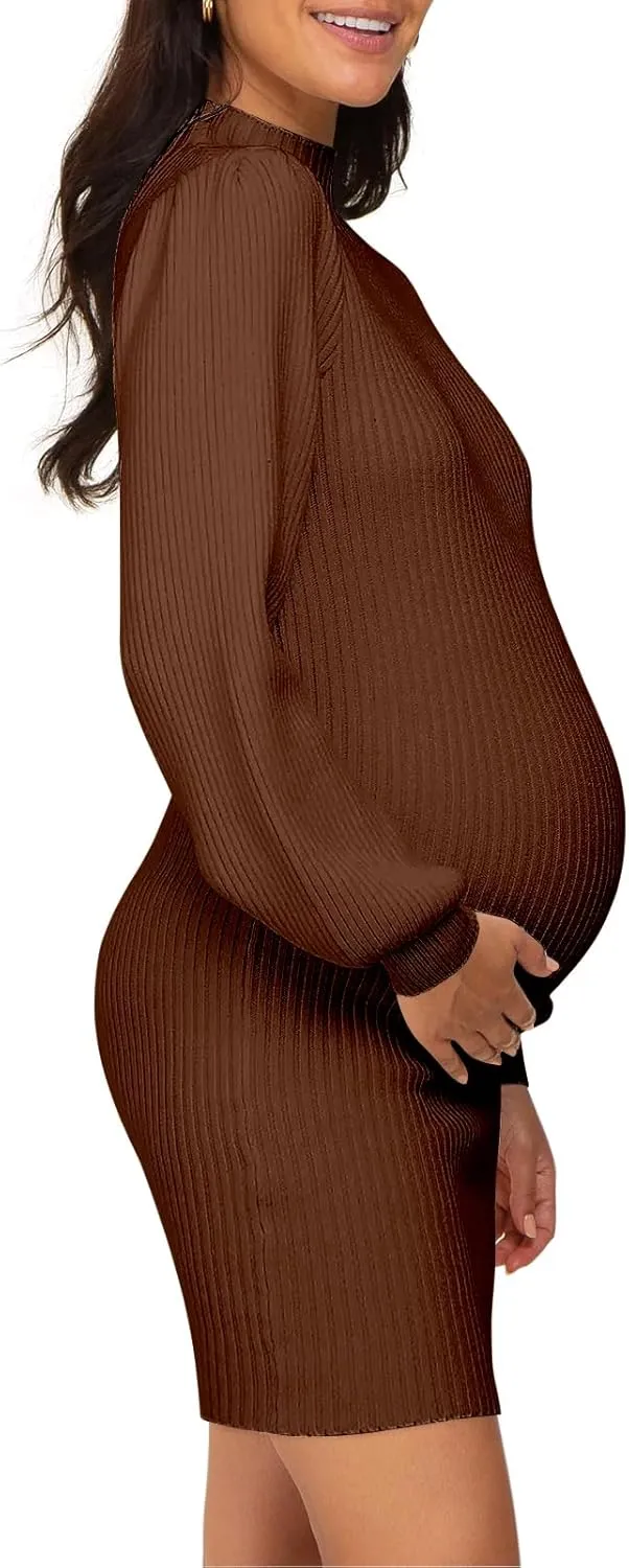 Lueluoye Maternity Sweater Dress for Pregnant Women Turtleneck Puff Sleeve Knit Slim Fit Bodycon Mini Dress
