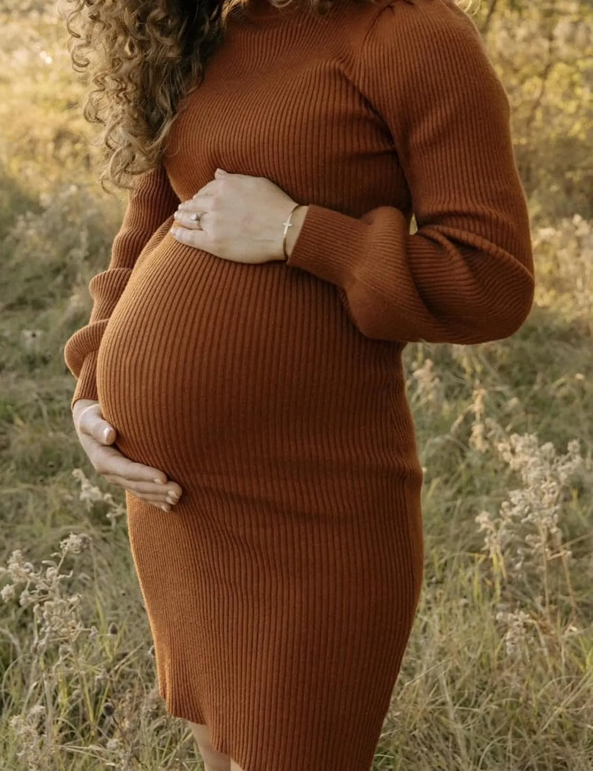 Lueluoye Maternity Sweater Dress for Pregnant Women Turtleneck Puff Sleeve Knit Slim Fit Bodycon Mini Dress