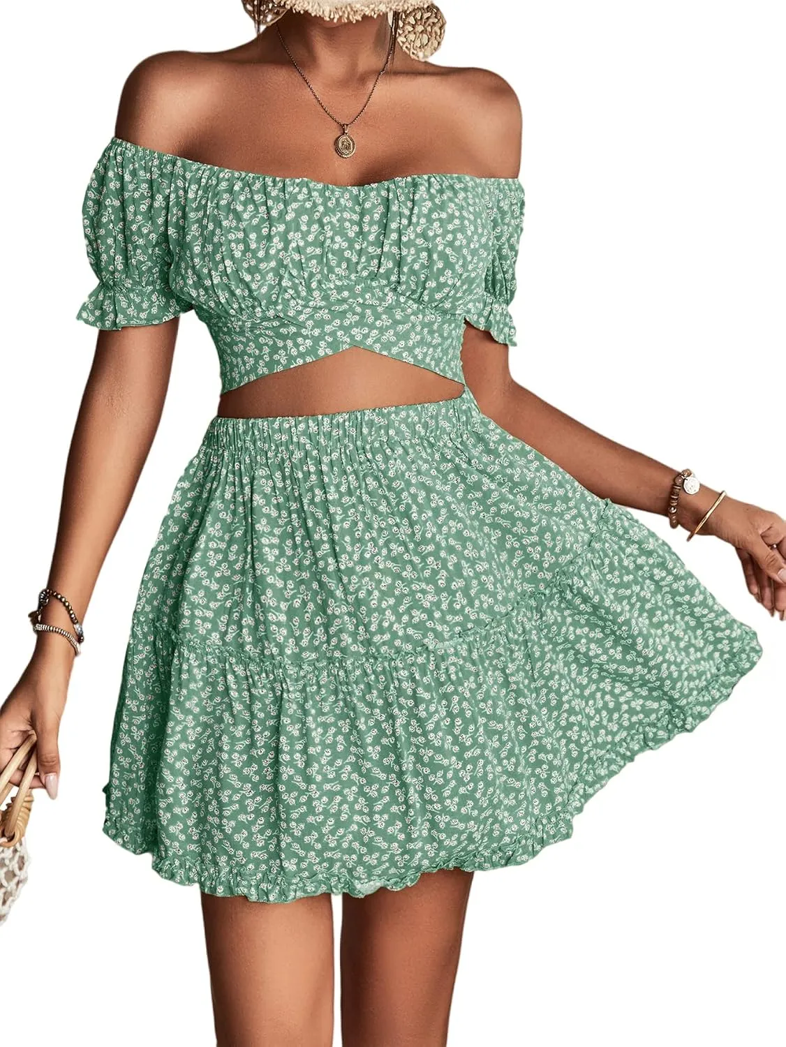 LYANER Women's 2 Piece Outfits Floral Off Shoulder Tie Up Crop Top and Mini Skirt Set