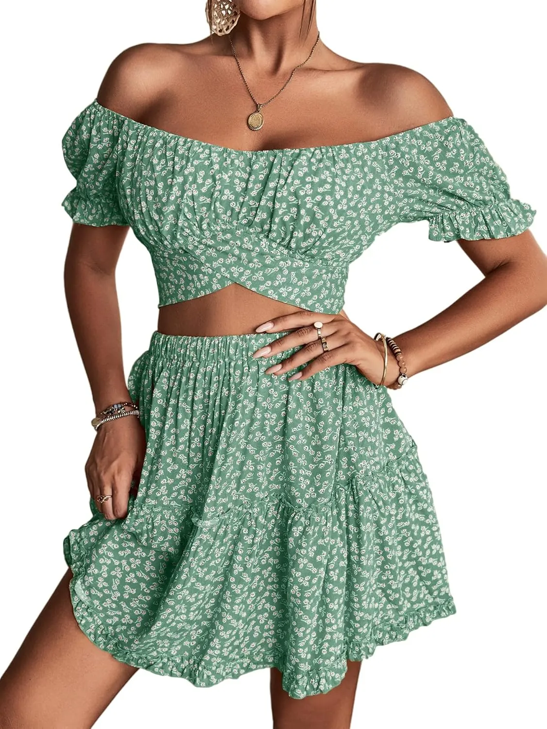 LYANER Women's 2 Piece Outfits Floral Off Shoulder Tie Up Crop Top and Mini Skirt Set