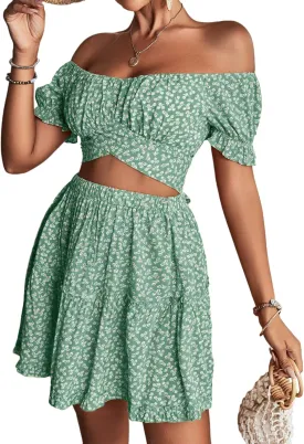 LYANER Women's 2 Piece Outfits Floral Off Shoulder Tie Up Crop Top and Mini Skirt Set