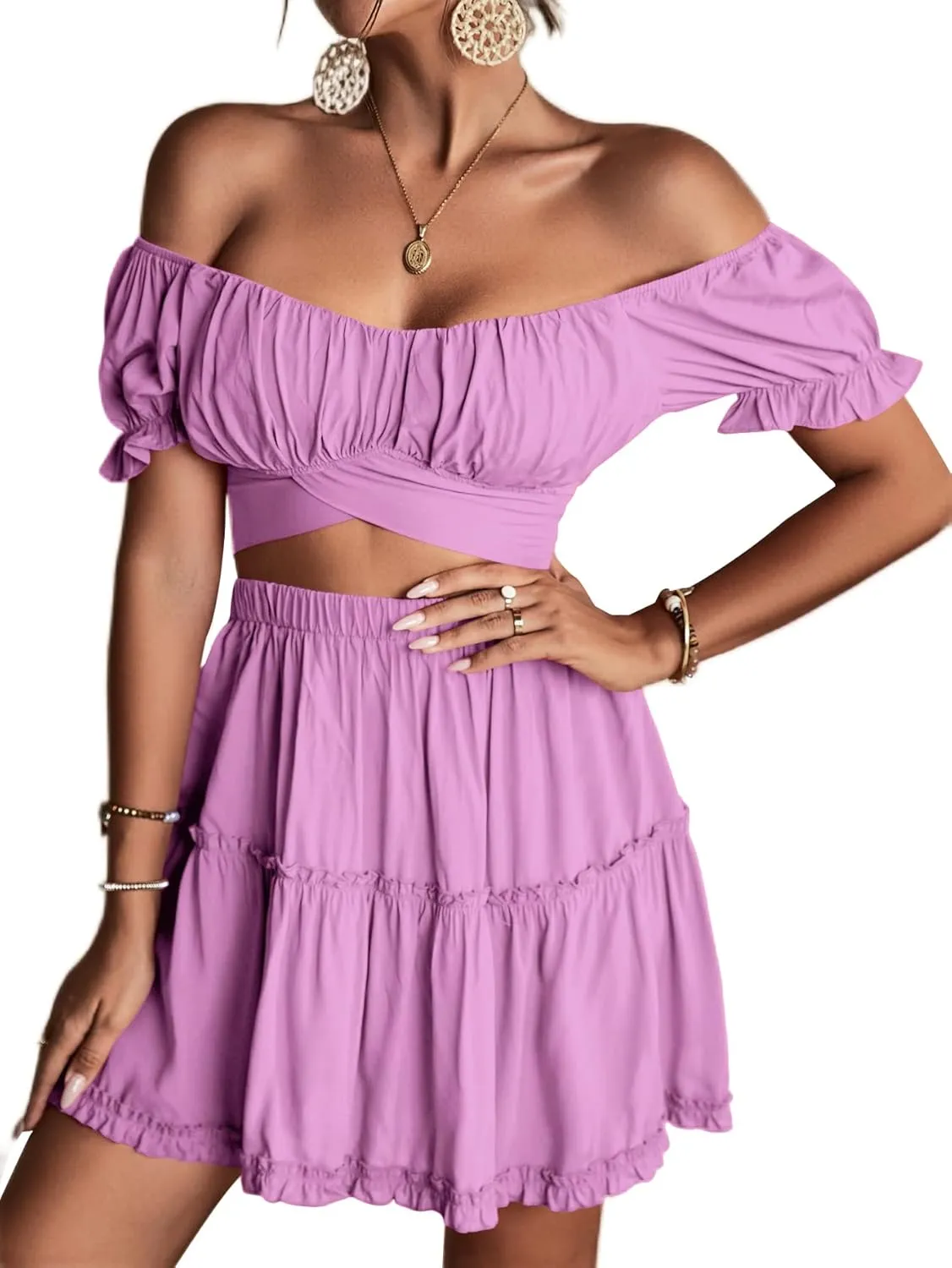 LYANER Women's 2 Piece Outfits Floral Off Shoulder Tie Up Crop Top and Mini Skirt Set