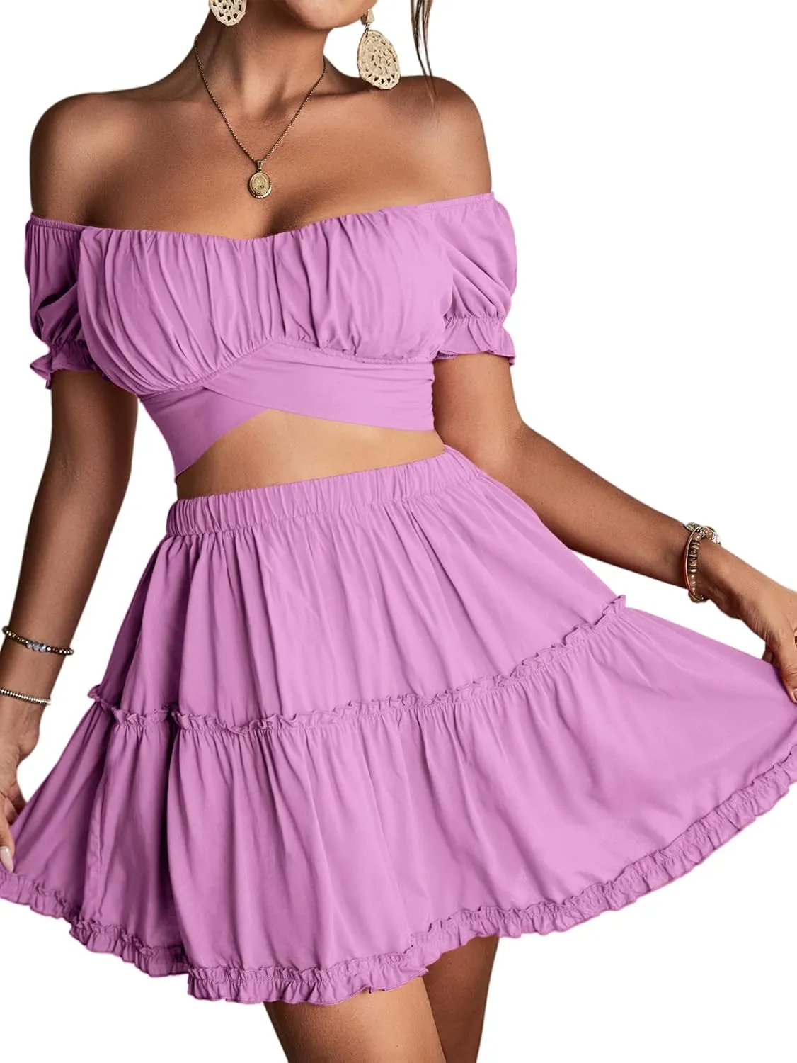 LYANER Women's 2 Piece Outfits Floral Off Shoulder Tie Up Crop Top and Mini Skirt Set
