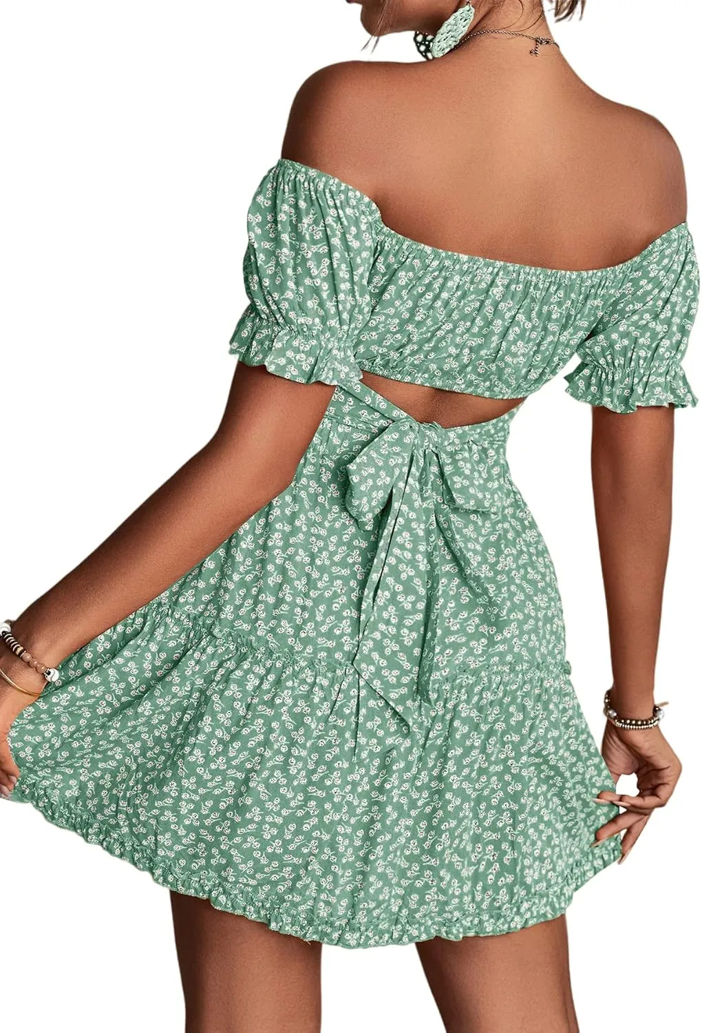 LYANER Women's 2 Piece Outfits Floral Off Shoulder Tie Up Crop Top and Mini Skirt Set