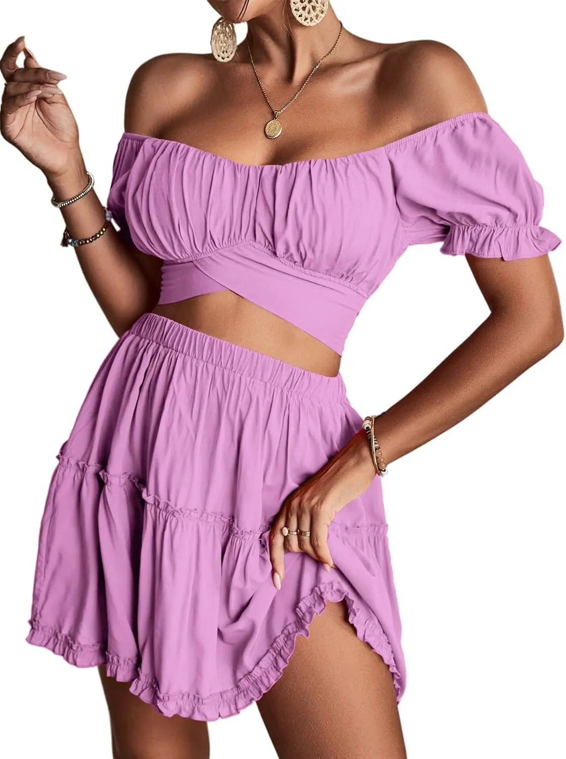 LYANER Women's 2 Piece Outfits Floral Off Shoulder Tie Up Crop Top and Mini Skirt Set