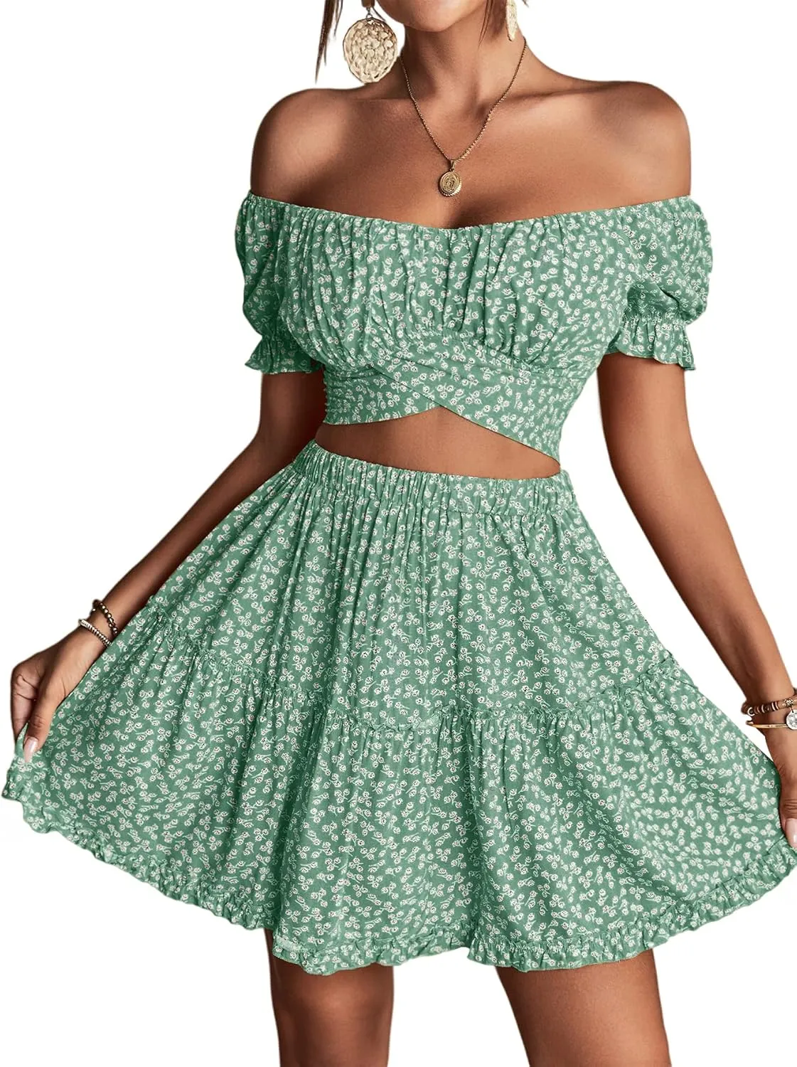LYANER Women's 2 Piece Outfits Floral Off Shoulder Tie Up Crop Top and Mini Skirt Set