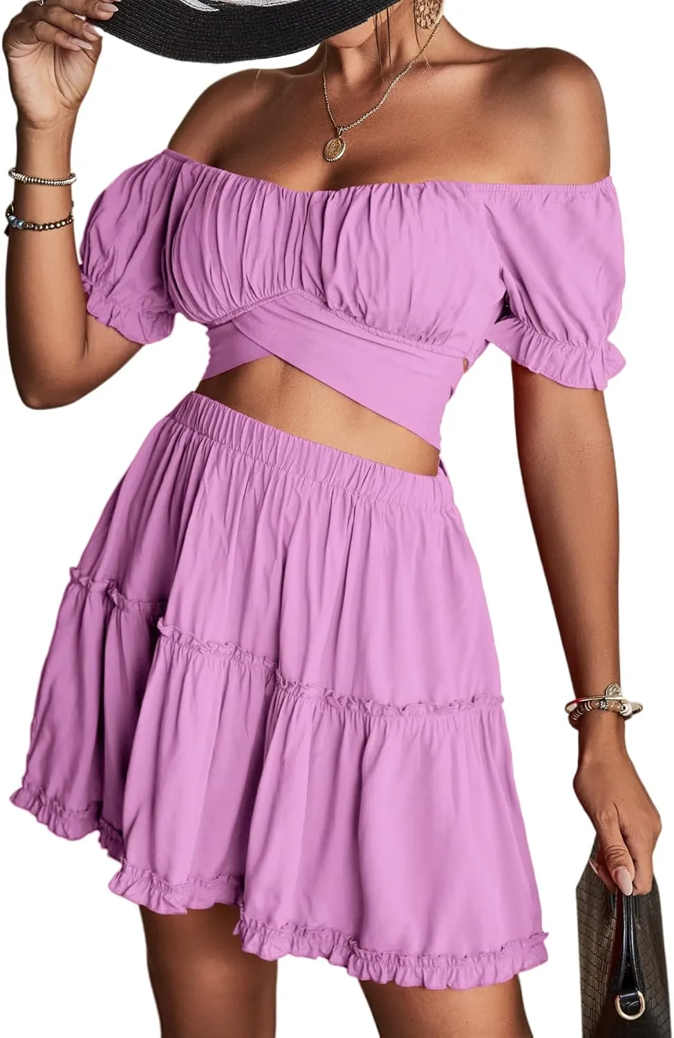 LYANER Women's 2 Piece Outfits Floral Off Shoulder Tie Up Crop Top and Mini Skirt Set