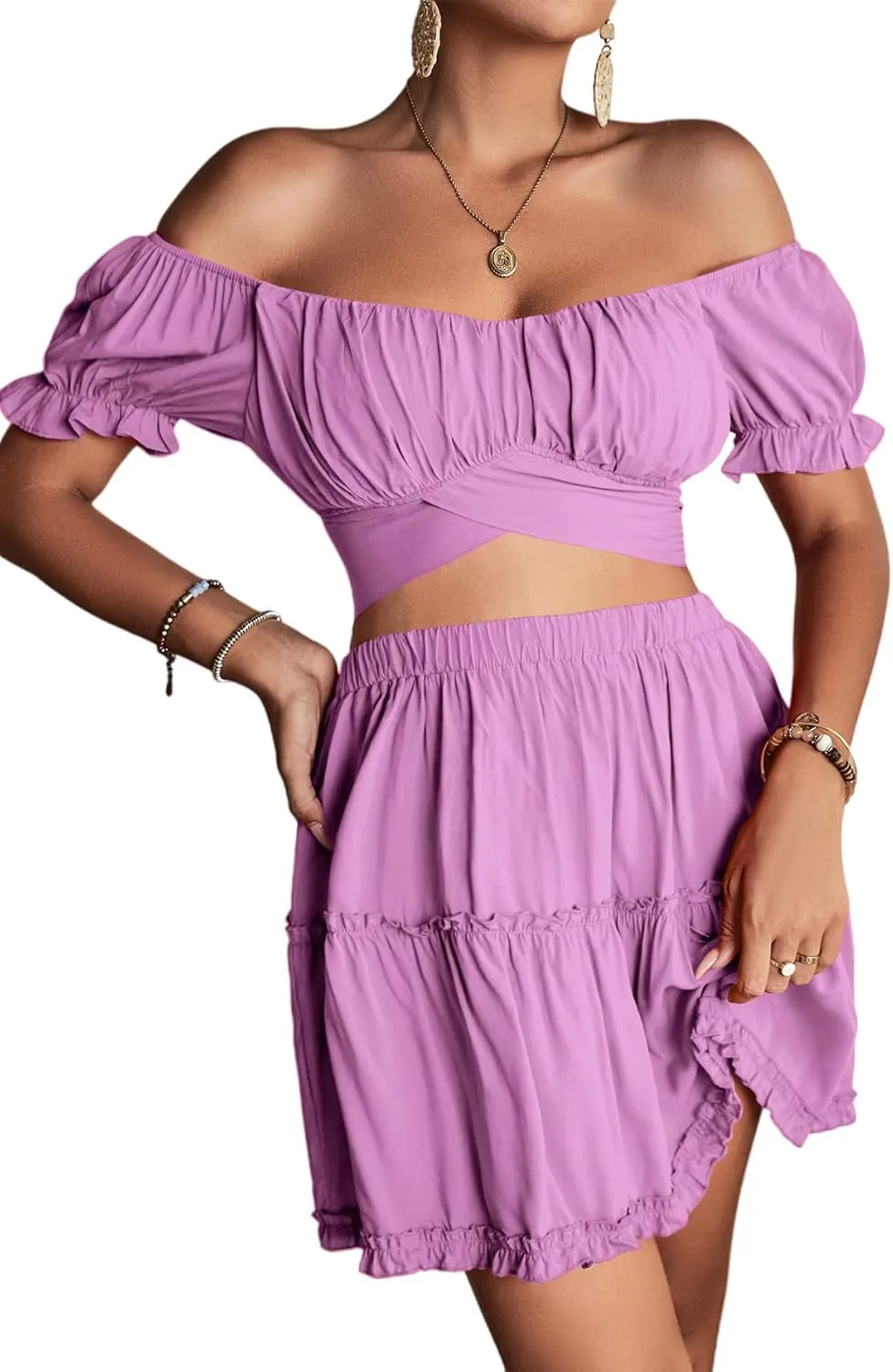LYANER Women's 2 Piece Outfits Floral Off Shoulder Tie Up Crop Top and Mini Skirt Set