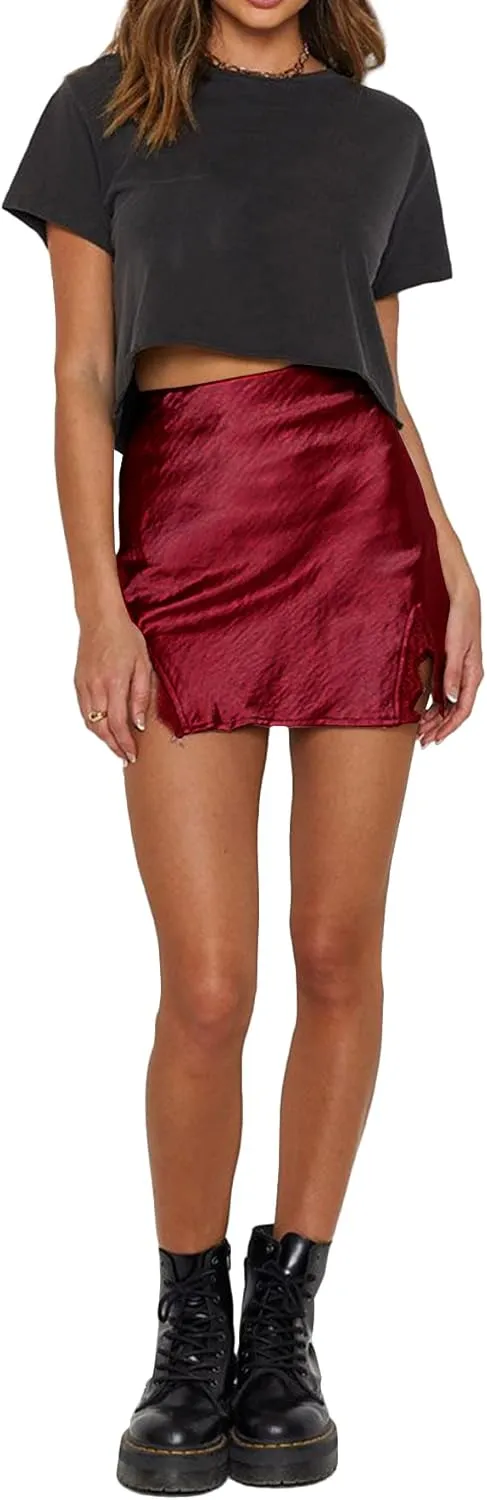 LYANER Women's Satin Silky Lace Trim Split Slit Hem Zipper High Wasit Mini Short Skirt
