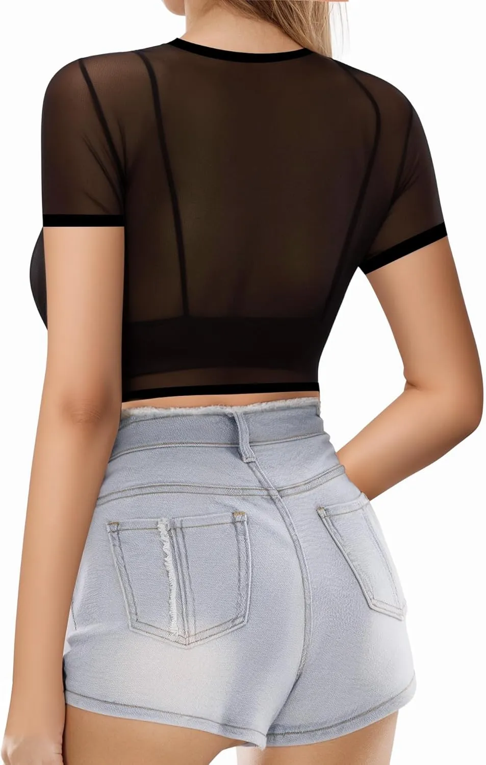 MANGOPOP Women's Short Sleeve Long Sleeve Sheer Mesh Crop Tops Tee Shirt Blouse