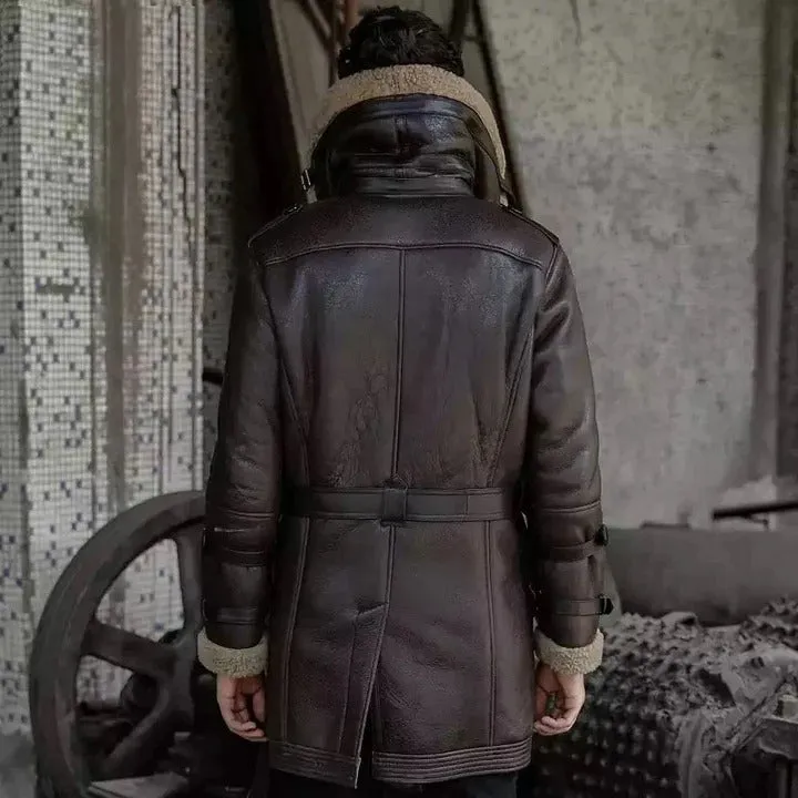 Men's B3 Aviator Flight Jacket Shearling Fur Long Coat