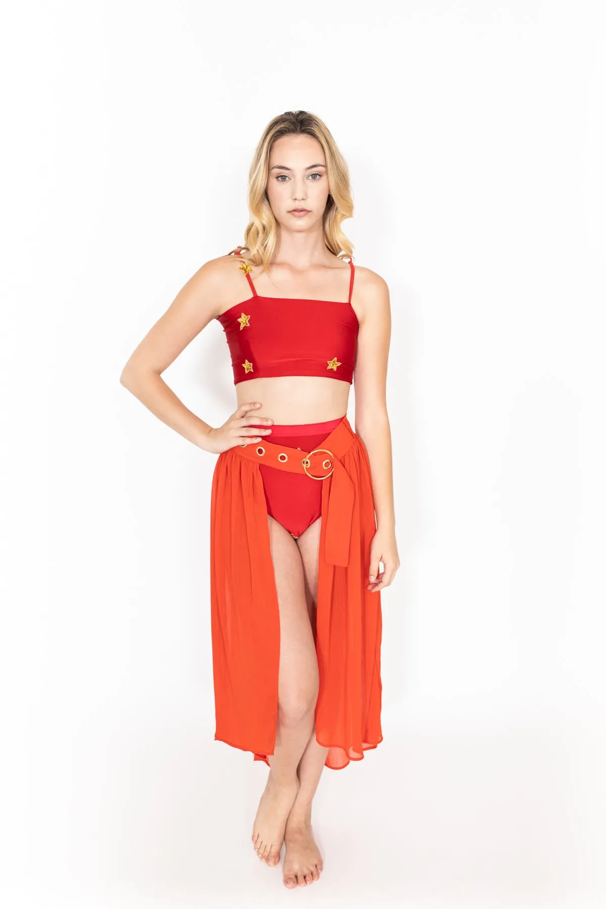 Mesh Belted Skirt Red