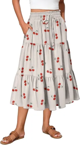 Midi Skirt for Women Summer Layered Tiered High Waisted Knee Length Skirt A Line Swing Floral Print Skirts with Pockets