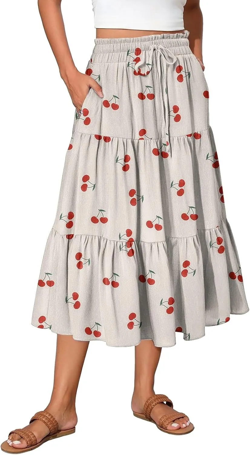 Midi Skirt for Women Summer Layered Tiered High Waisted Knee Length Skirt A Line Swing Floral Print Skirts with Pockets