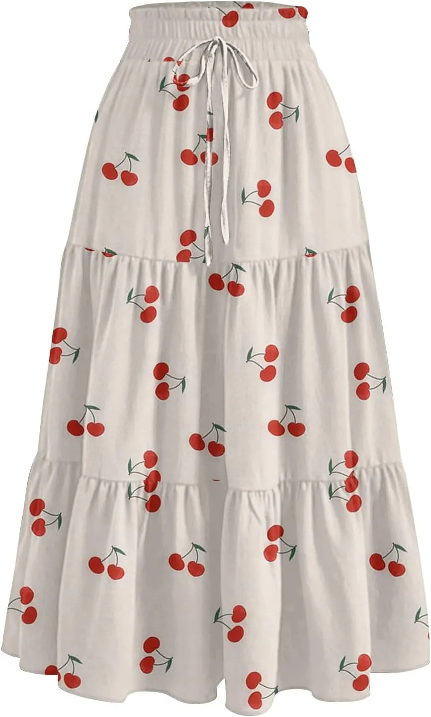 Midi Skirt for Women Summer Layered Tiered High Waisted Knee Length Skirt A Line Swing Floral Print Skirts with Pockets