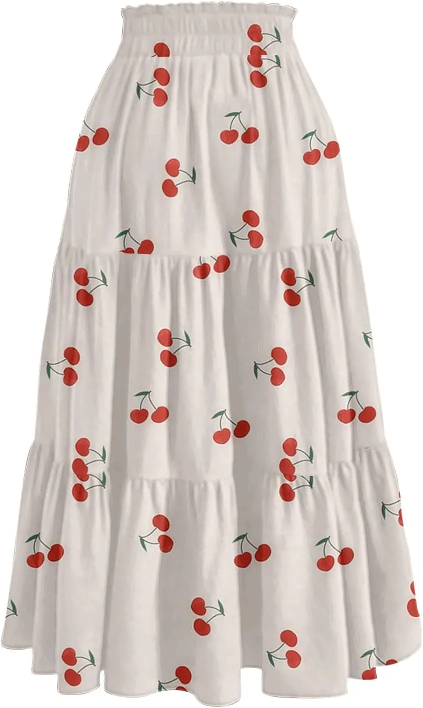 Midi Skirt for Women Summer Layered Tiered High Waisted Knee Length Skirt A Line Swing Floral Print Skirts with Pockets