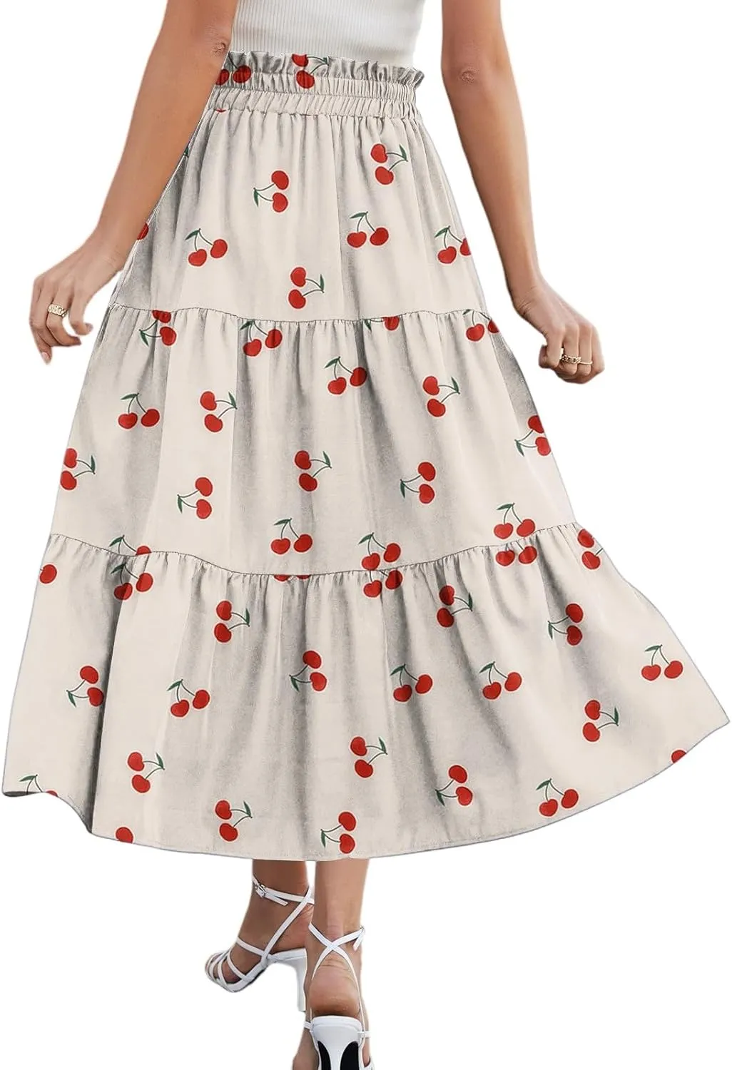 Midi Skirt for Women Summer Layered Tiered High Waisted Knee Length Skirt A Line Swing Floral Print Skirts with Pockets