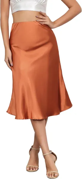 Mist Azur Women Silky Satin Side Split Skirt High Waist Elastic Elegant A Line Midi Skirts for Women