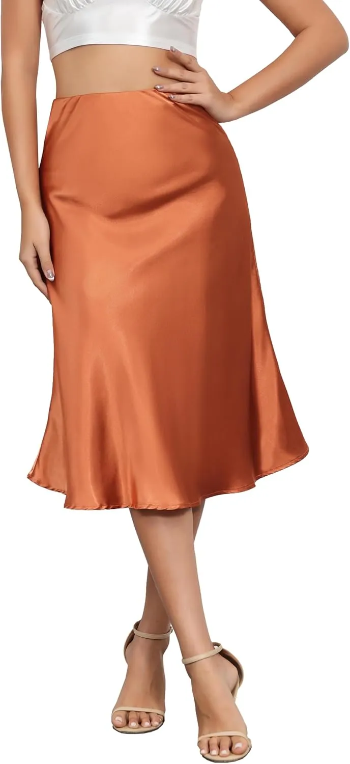 Mist Azur Women Silky Satin Side Split Skirt High Waist Elastic Elegant A Line Midi Skirts for Women